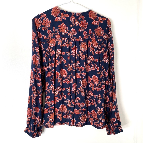 Lucky Brand Womens Bohemian Navy Rose Floral Long Sleeve Blouse Size Small - Picture 6 of 8